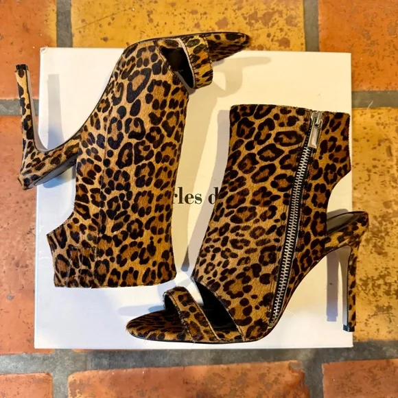 NWT Charles David Crosser Calf Hair Leopard Print Open Toe Heels - Picture 10 of 15